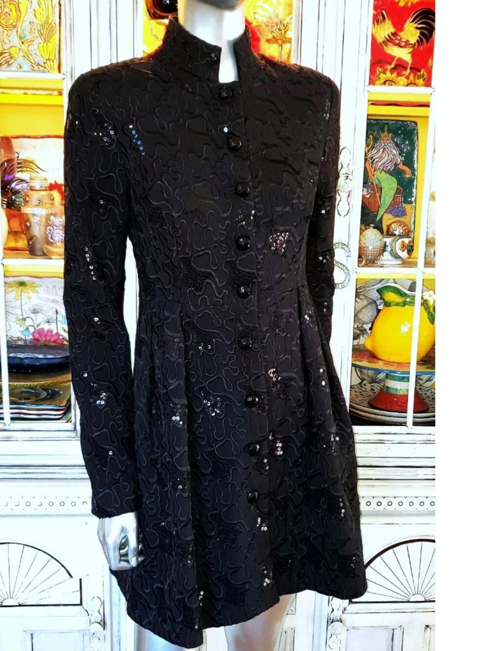 Betsey Johnson Vintage Y2K Black Embroidered Sequin Midi Coat Evening Jacket S - Picture 7 of 16
